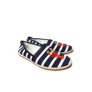 Mother of Pearl Navy White Striped Lobster Embroidered Espadrille Flat Women 8